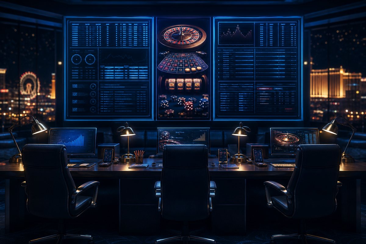 Small editorial desk with three workstations facing an illuminated casino data board