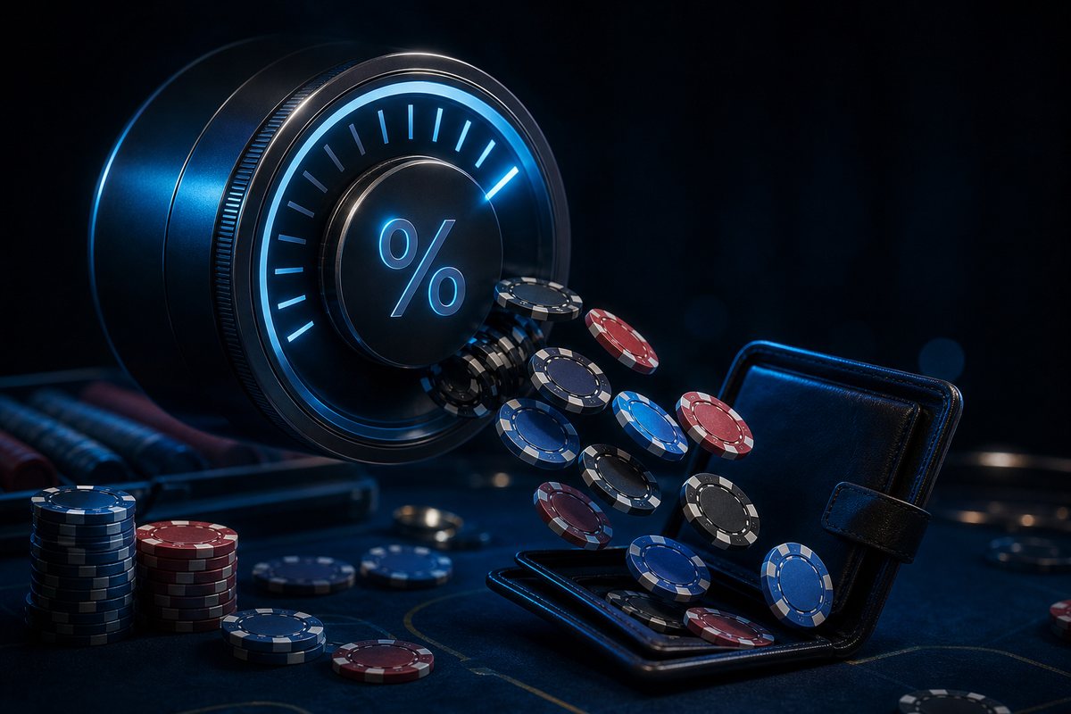 Percentage dial returning a share of casino chips across a felt table into an open wallet