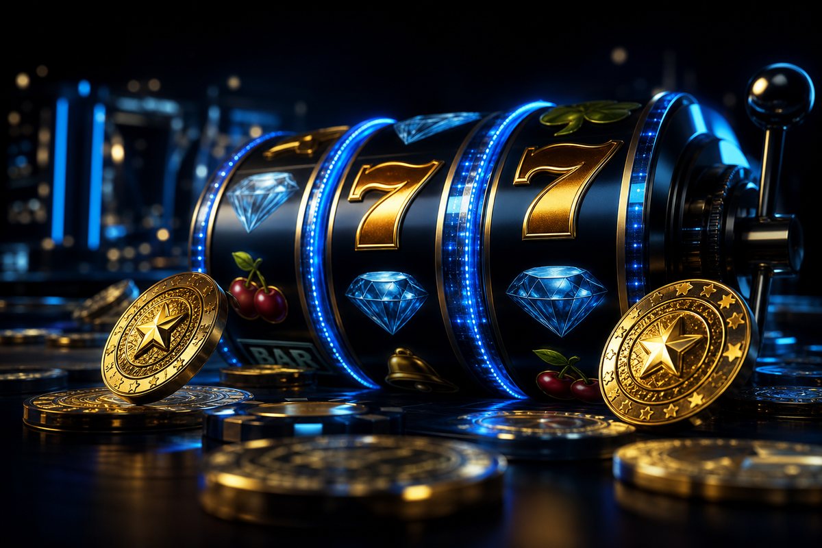 Slot reels frozen mid-spin surrounded by golden free spin tokens on a dark casino interface