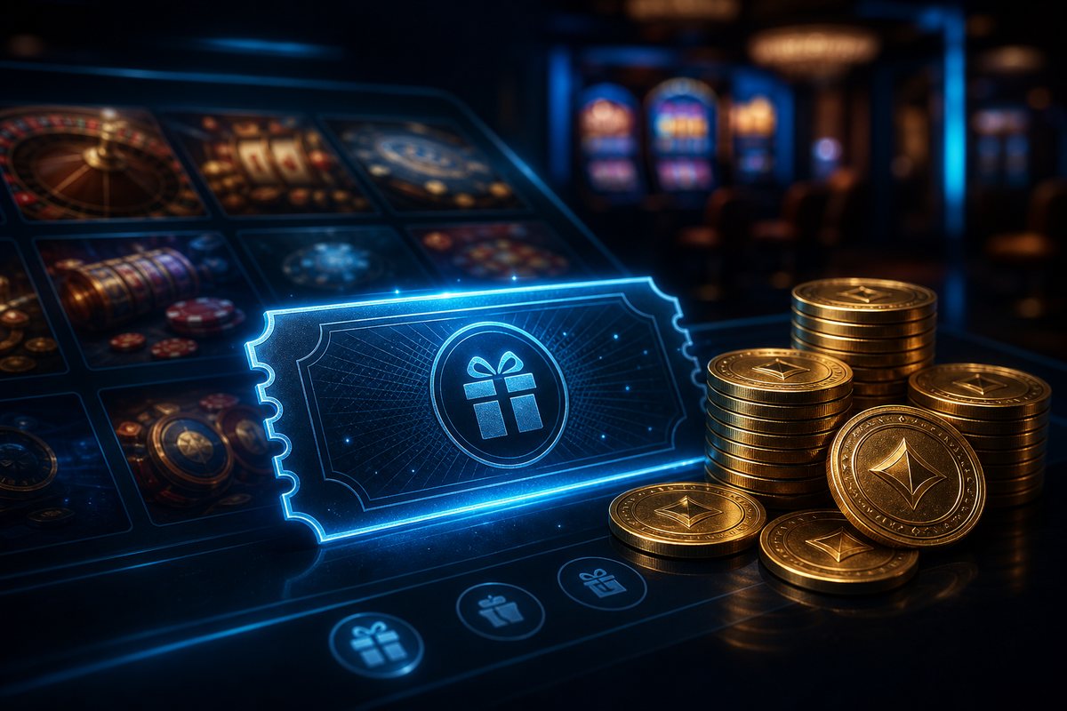 Stack of free golden coins beside a no deposit bonus voucher glowing on an internet casino lobby screen