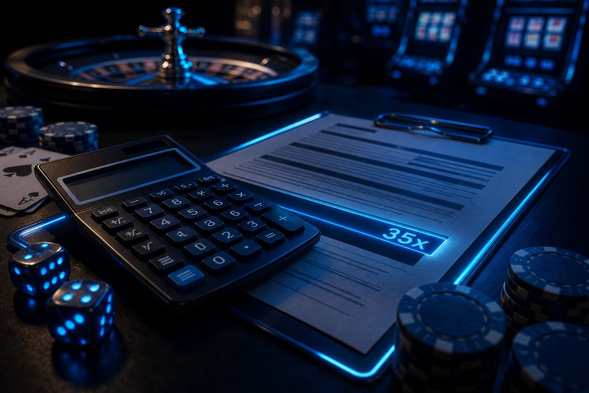 Calculator resting on a casino bonus terms sheet highlighting a thirty-five times playthrough figure