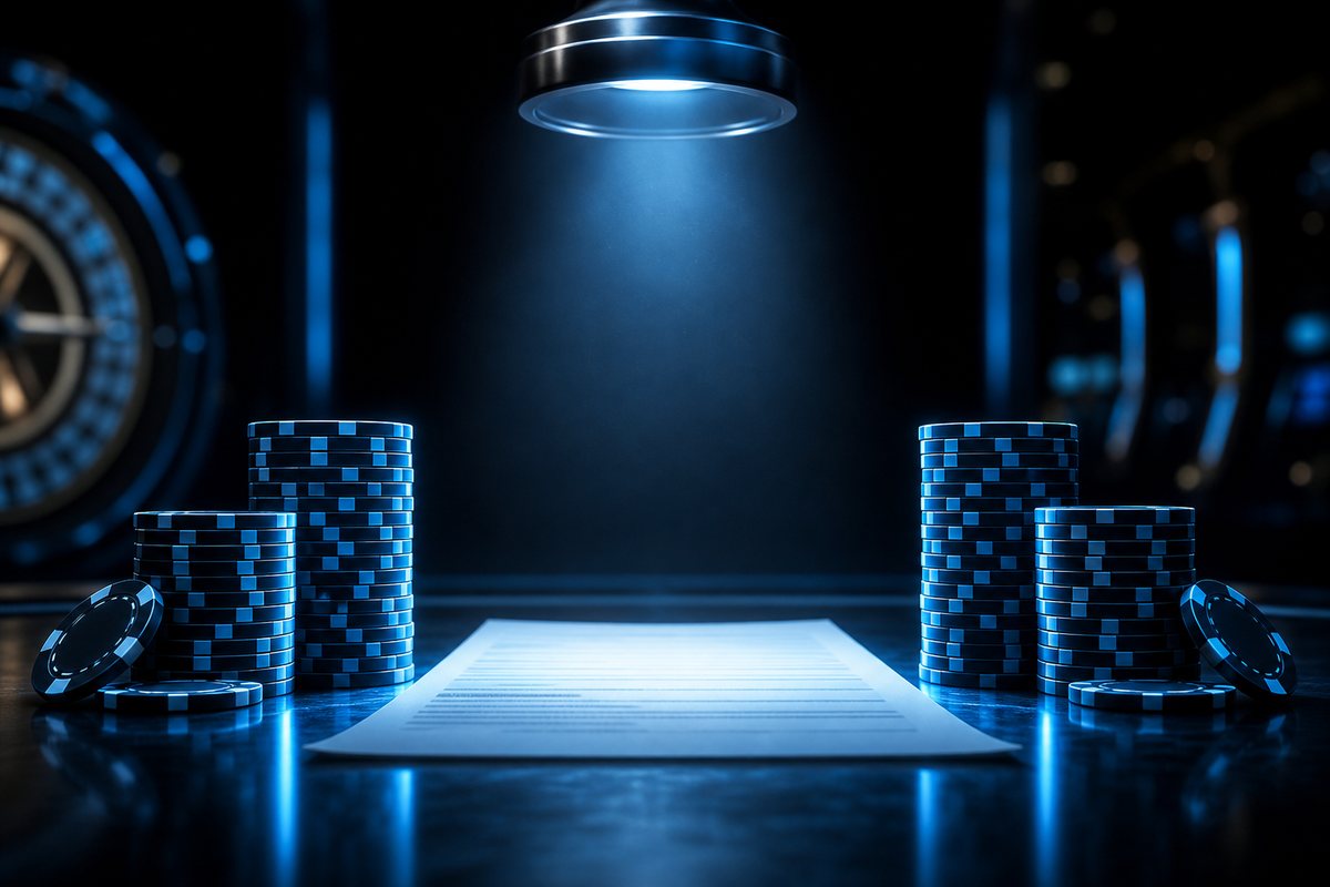 Two matched stacks of casino chips beside a welcome bonus terms sheet under a cashier spotlight