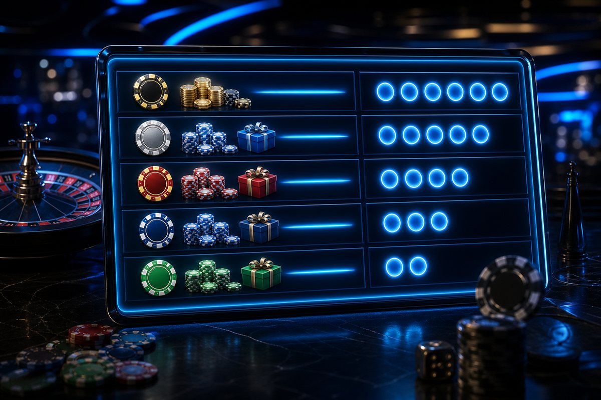 Illuminated bonus board showing internet casino offer values and wagering multipliers side by side