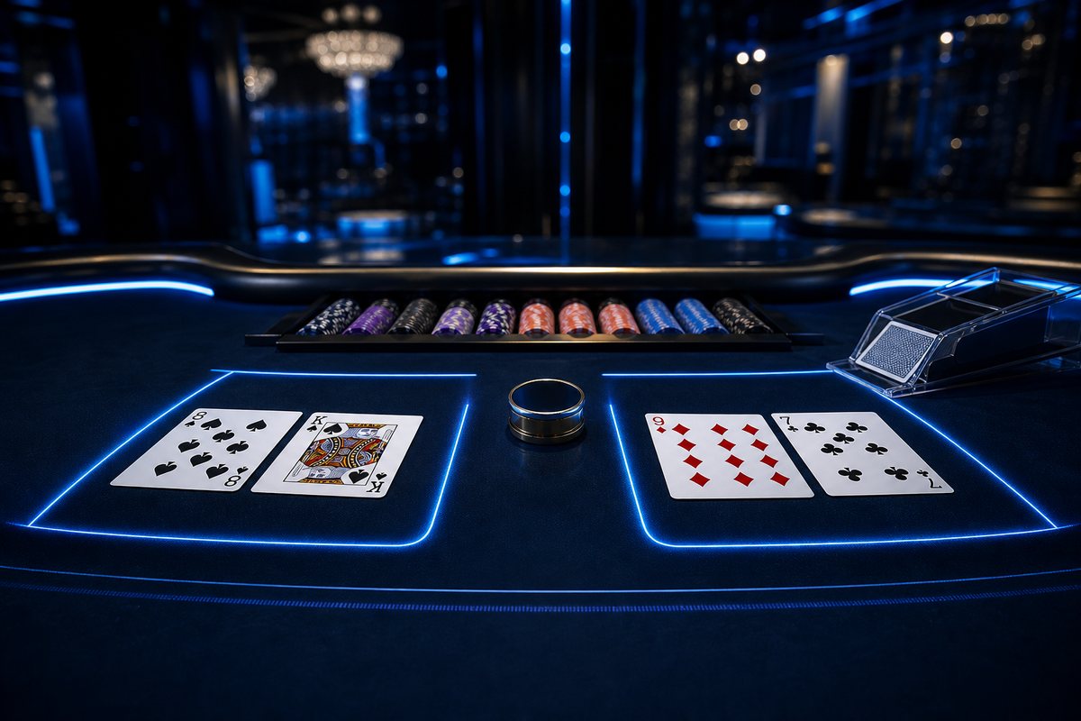 Baccarat table with banker and player cards face up and a commission marker beside the dealer