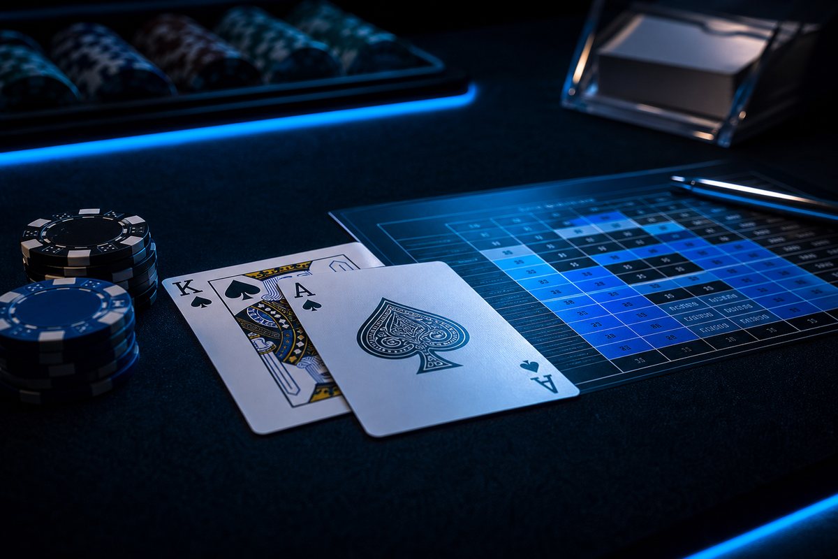 Blackjack hand of ace and king beside a printed basic strategy chart on a dark felt table