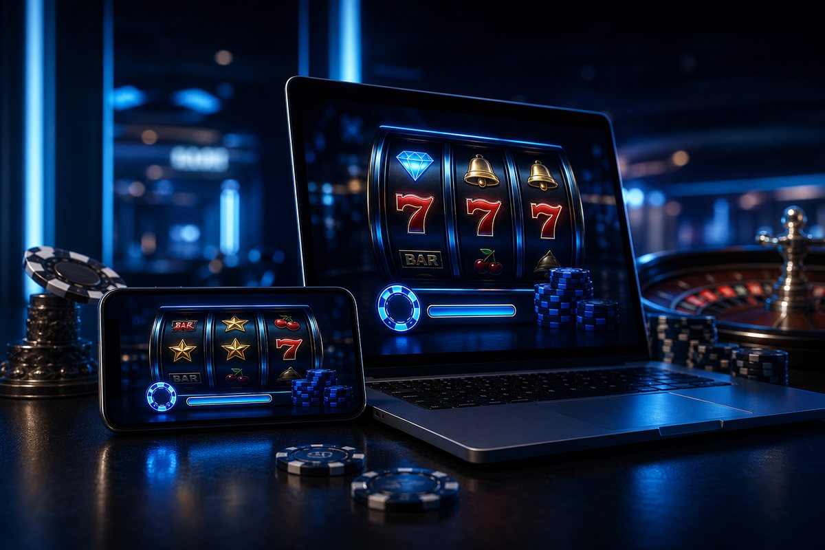 Phone and laptop running slot demos with a zero-cost play balance highlighted on both screens