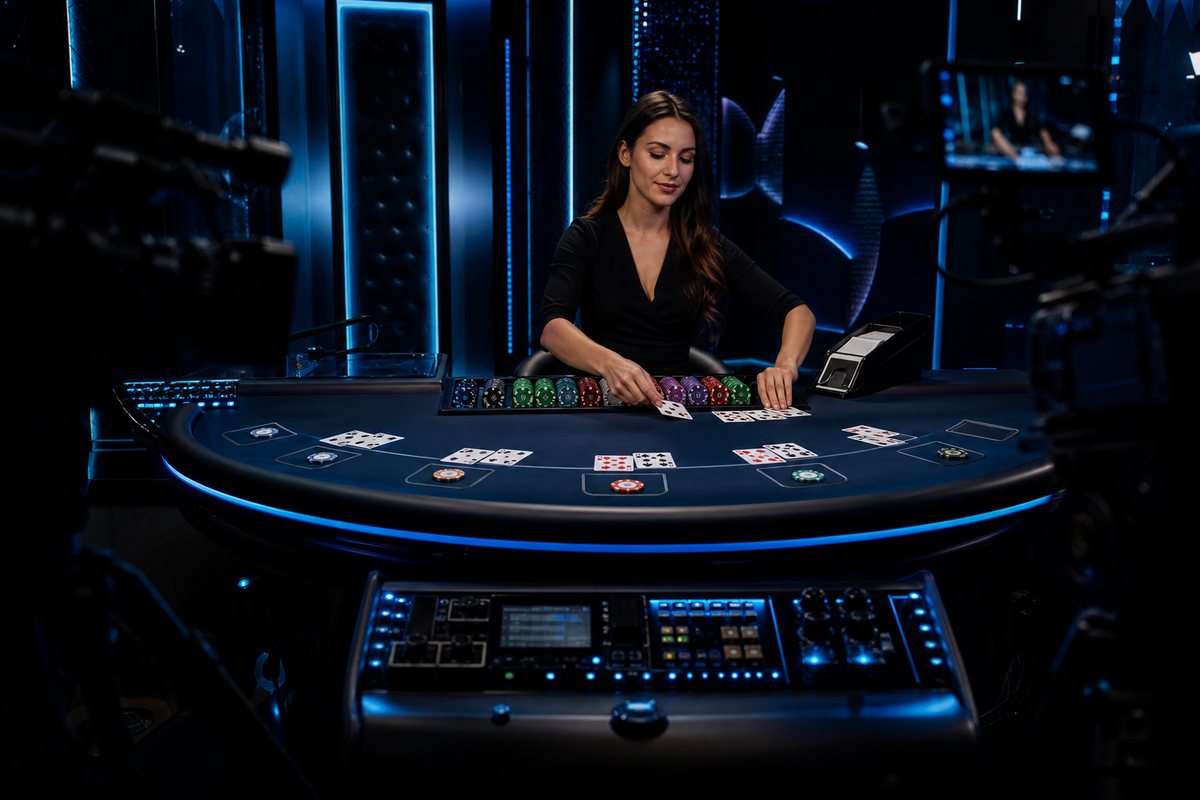 Live casino studio with a dealer at a blackjack table surrounded by cameras and a game control unit