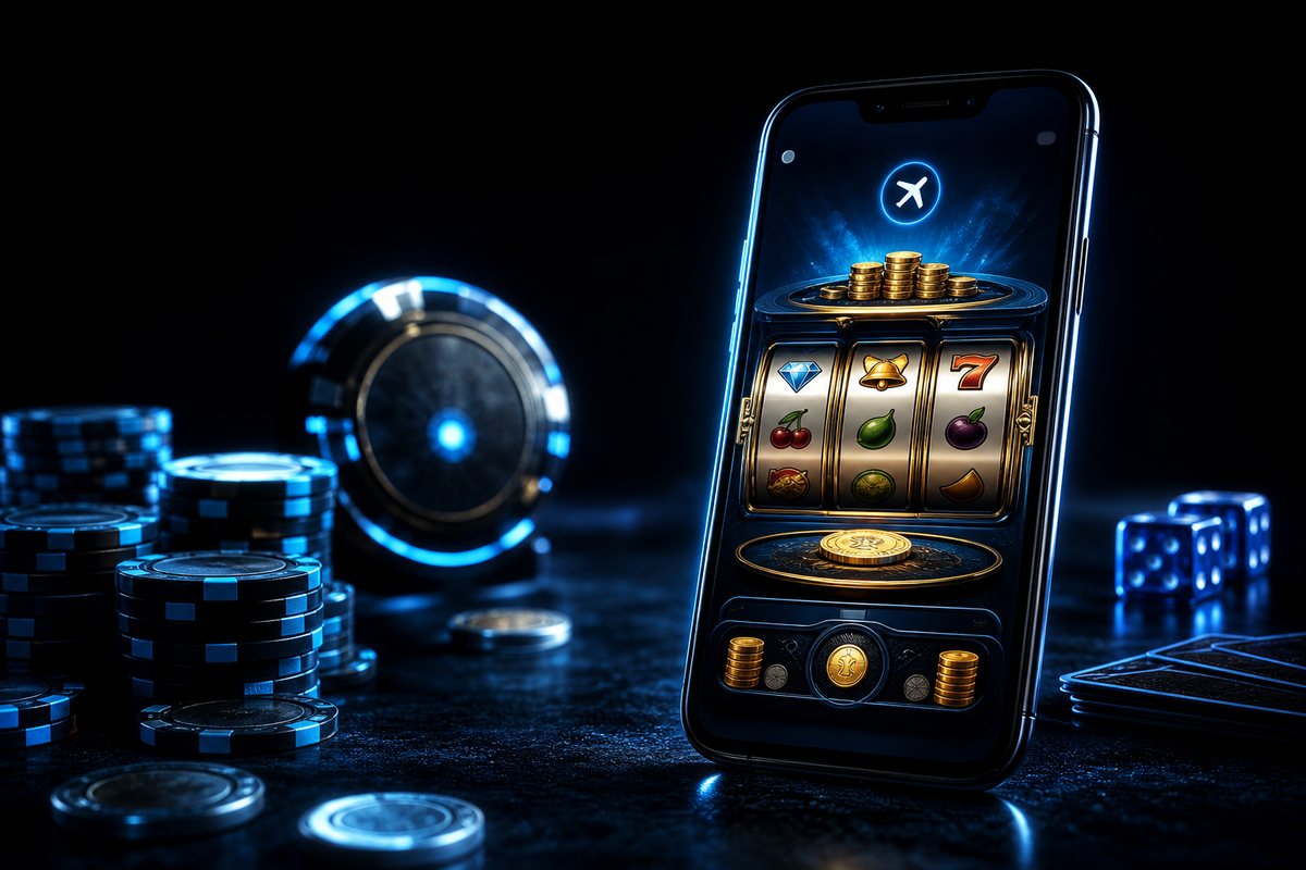 Smartphone in airplane mode running an offline slot app with a practice coin balance on screen