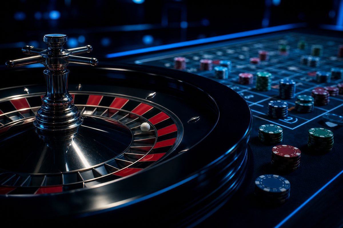 European roulette wheel with the ball settling into a pocket beside a chip-covered betting layout