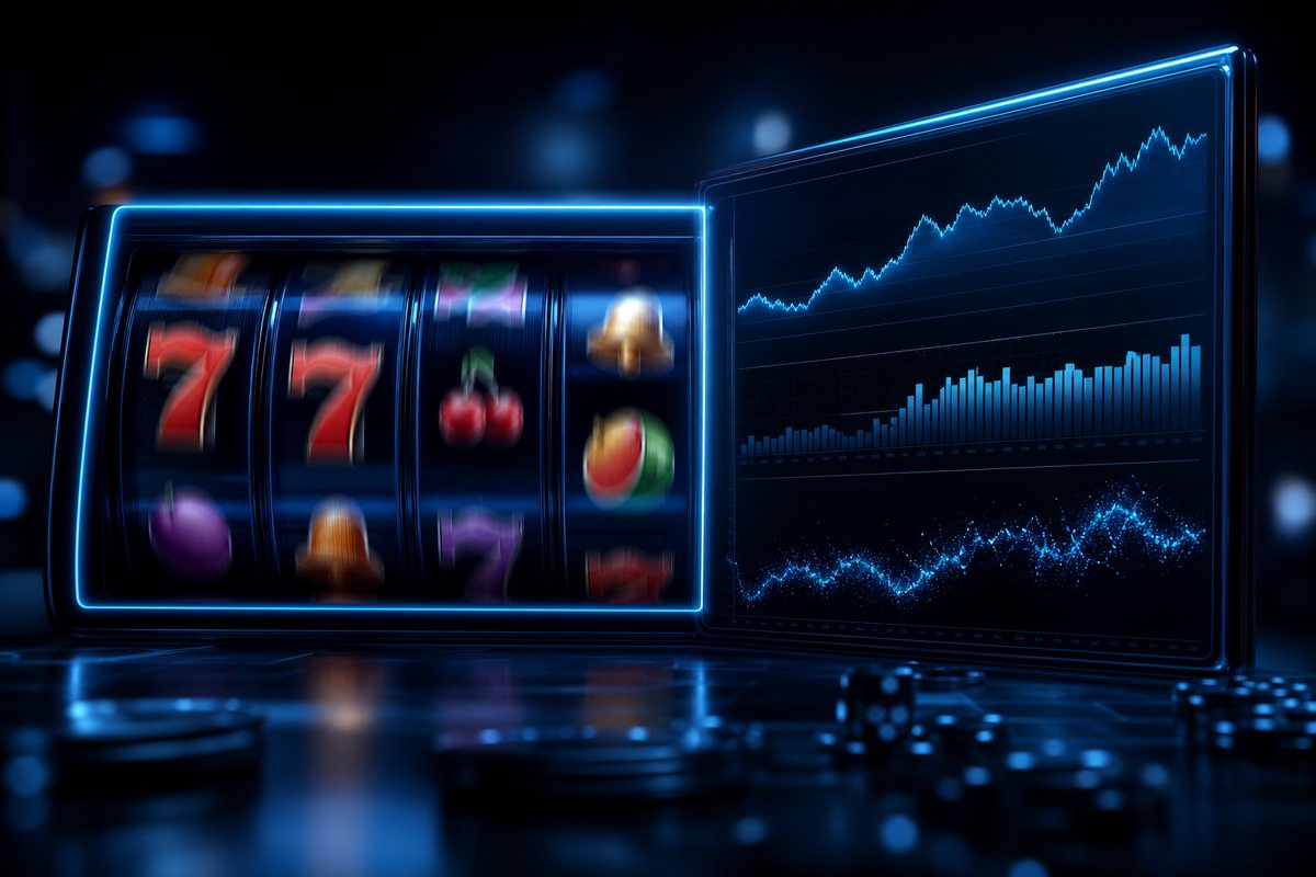 Slot reels mid-spin on a glowing screen with RTP and volatility figures charted beside them