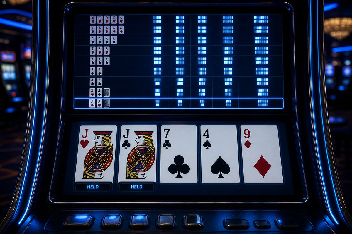 Video poker screen showing a held pair of jacks with the Jacks or Better pay table above the cards