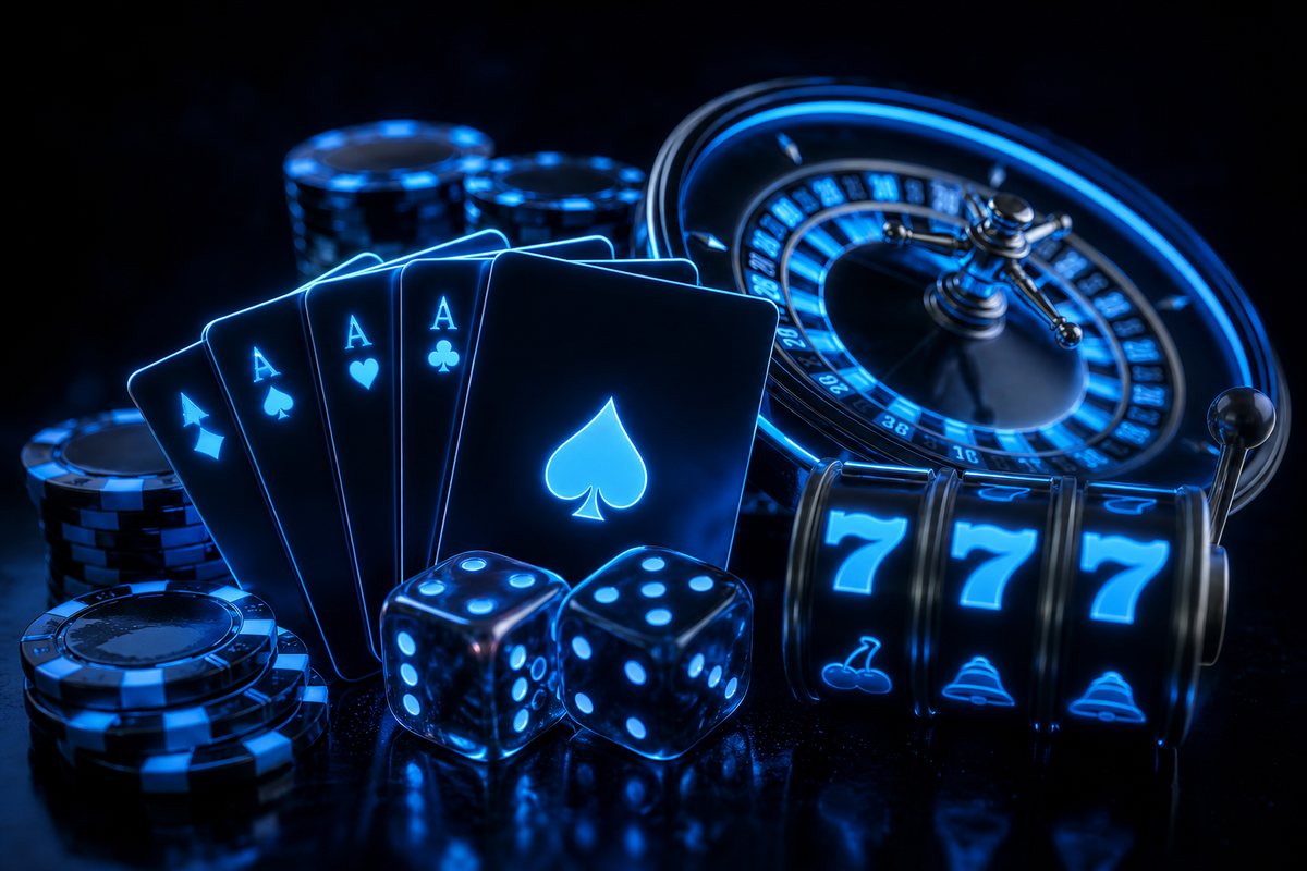 Neon-lit arrangement of casino game symbols including cards, dice, roulette wheel and slot reels