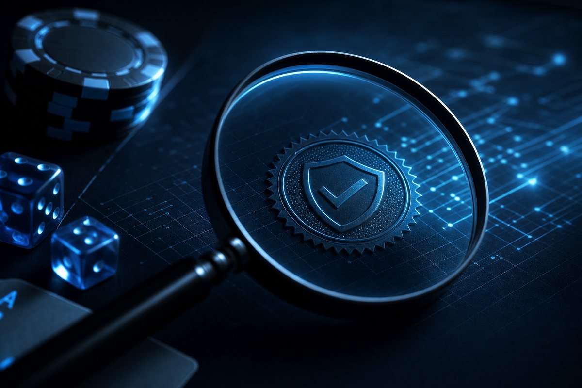 Magnifying glass over a certified random number generator seal on a dark inspection board
