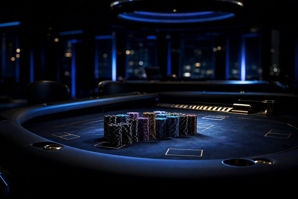 Private high stakes blackjack table with tall chip stacks under a low spotlight
