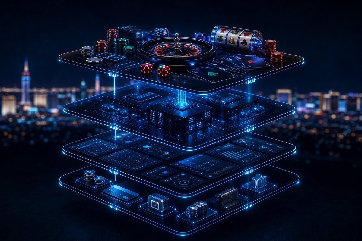 Exploded diagram of an online casino showing game server, operator platform and payment layers