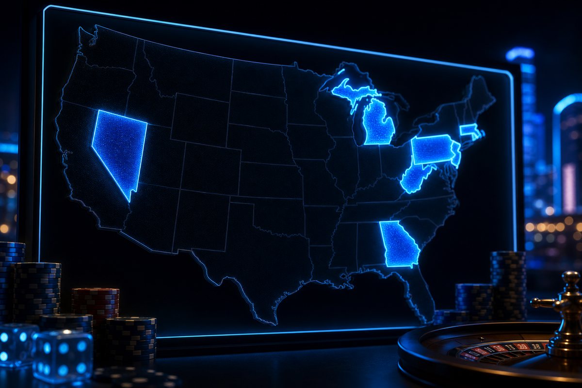 United States map on a lit board with the seven regulated online casino states highlighted