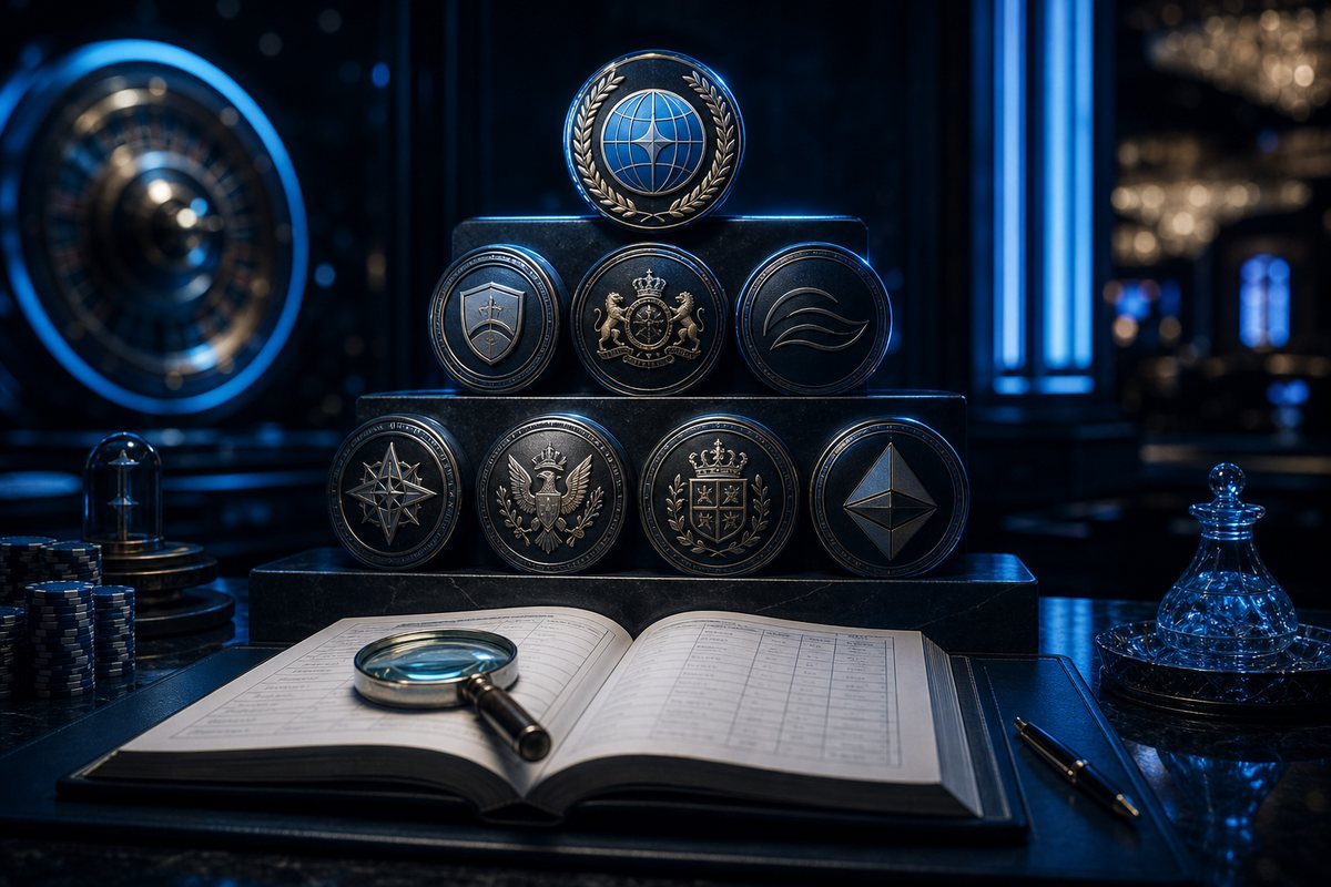 Tiered stack of regulatory seals above an open public register on a dark verification desk
