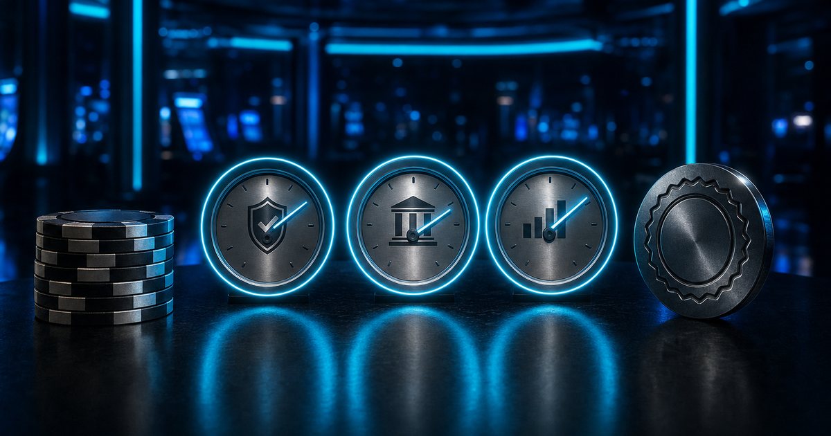 Three glowing verification dials beside an embossed licence seal and a stack of casino chips on a dark reflective table