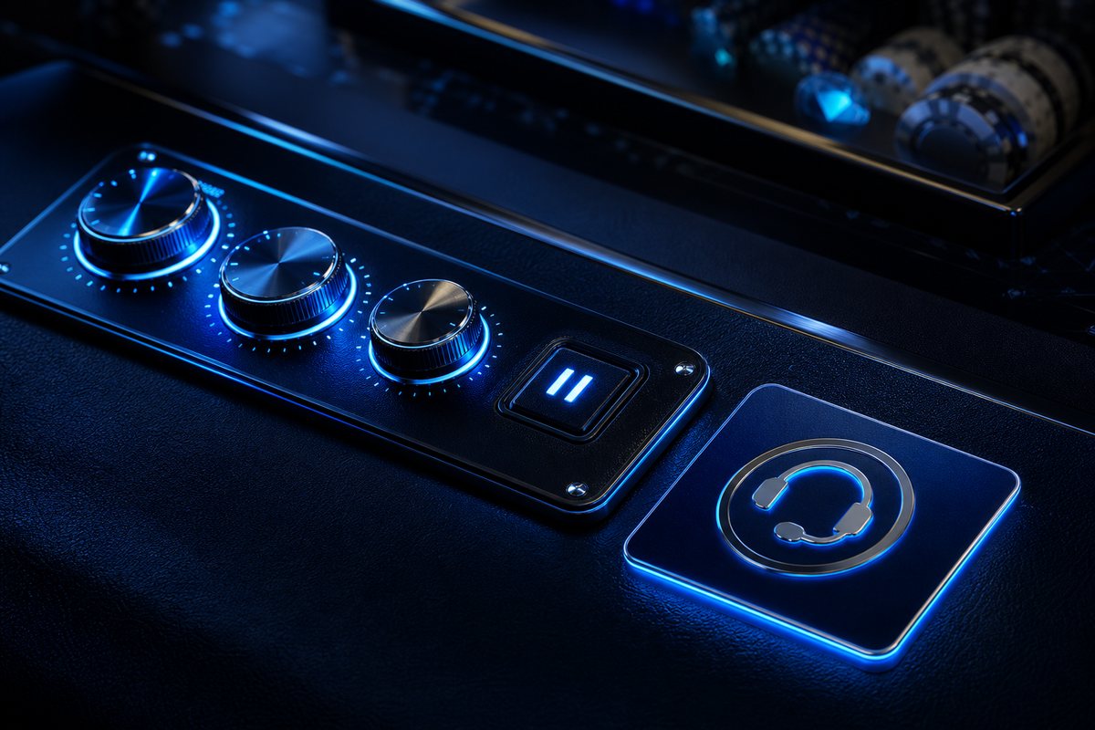 Control panel of limit dials and a pause switch beside a support helpline card