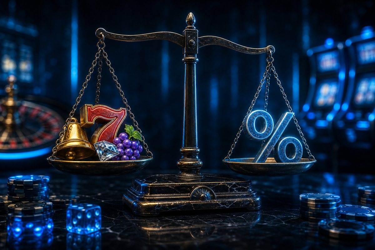 Slot reel symbols weighed against percentage figures on an old balance scale