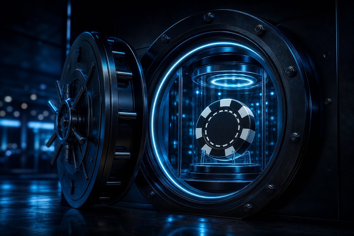 Layered security vault door opening onto a casino chip protected behind glass