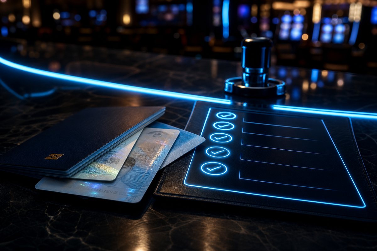 Identity documents being checked against a glowing verification checklist at a casino desk