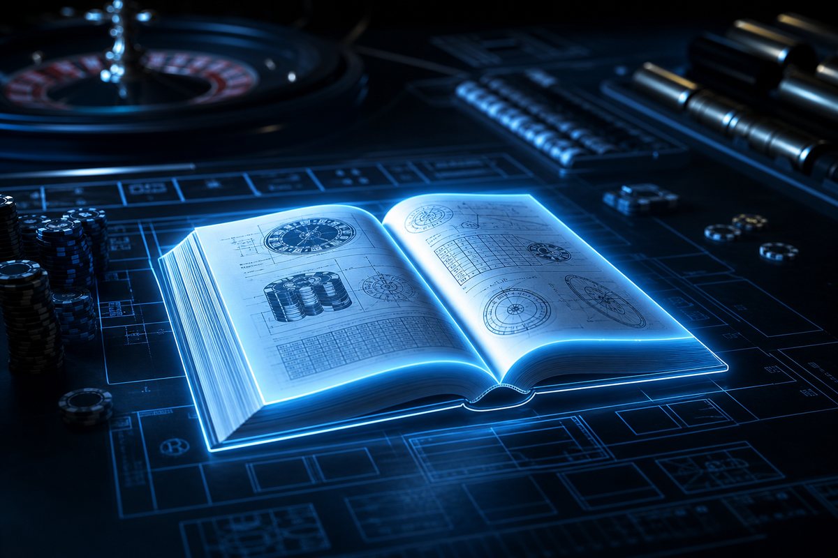 Open reference manual glowing over a dark casino table layout with annotated diagrams