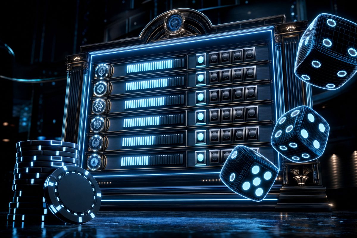 Illuminated casino ranking board in a dark hall with glowing three-dimensional dice and chips beside it