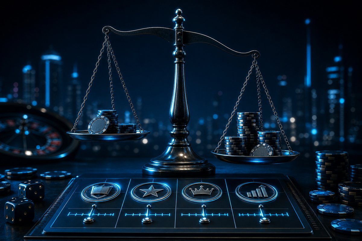 Weighted balance scale over a scoring ledger showing four labeled measurement pillars