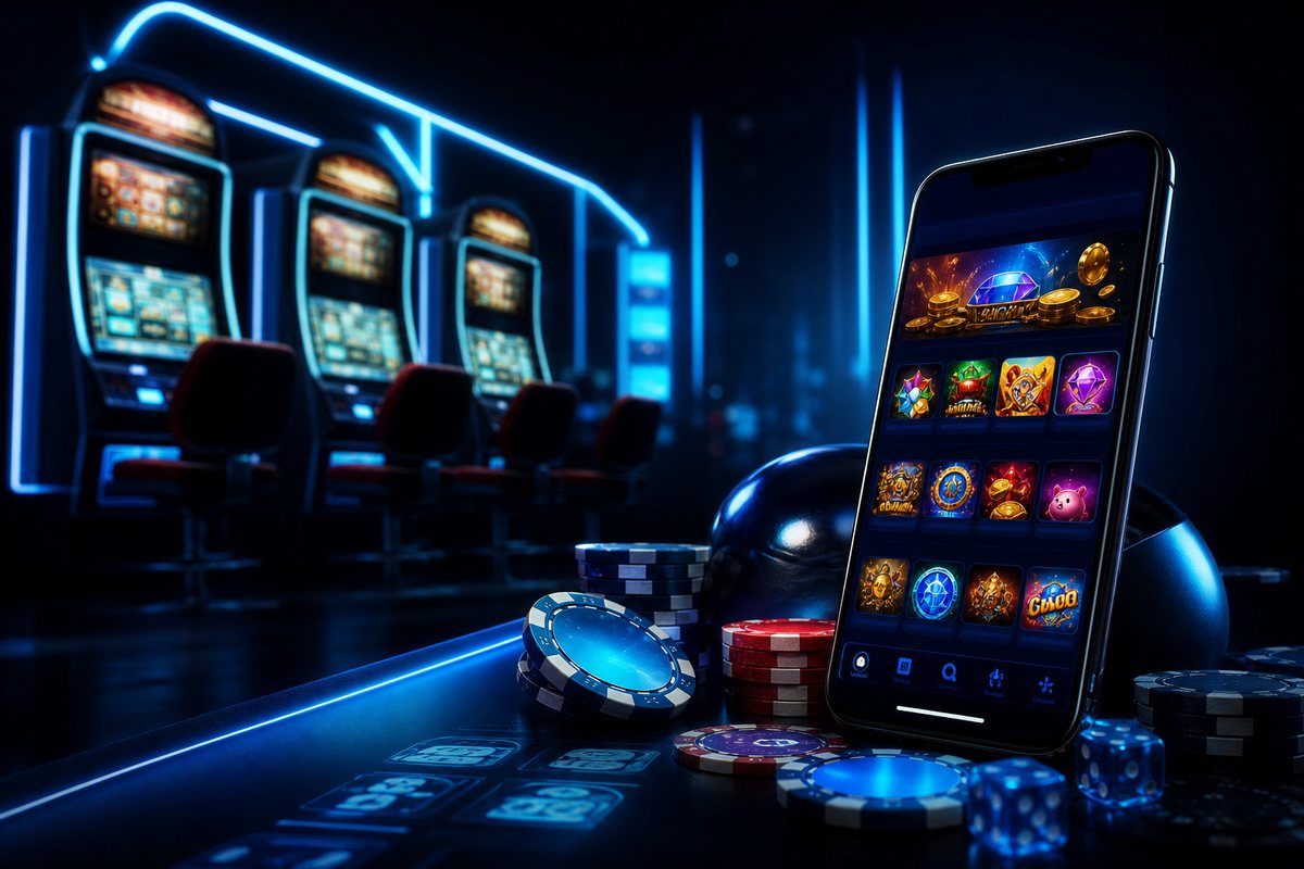 Retro internet cafe gaming terminals glowing beside a modern phone showing a sweepstakes casino lobby