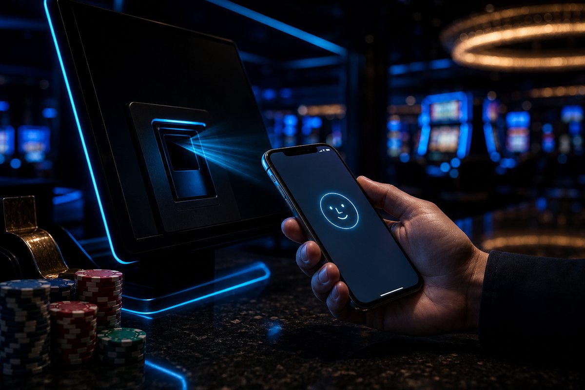 iPhone held over a casino cashier screen completing a Face ID confirmed payment
