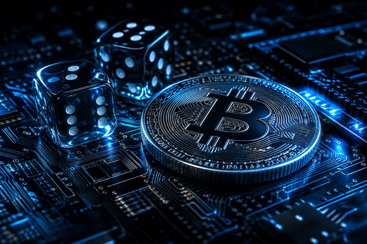 A bitcoin token resting on a circuit board beside casino dice under cold light