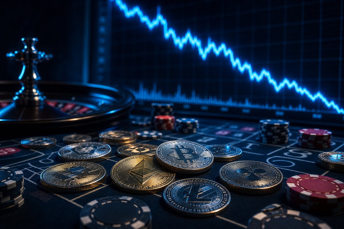 Physical crypto coins scattered across a casino table lit by a falling price chart