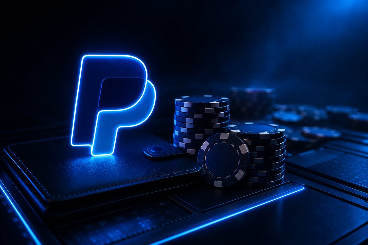 PayPal wallet mark glowing beside stacked casino chips on a dark payments desk