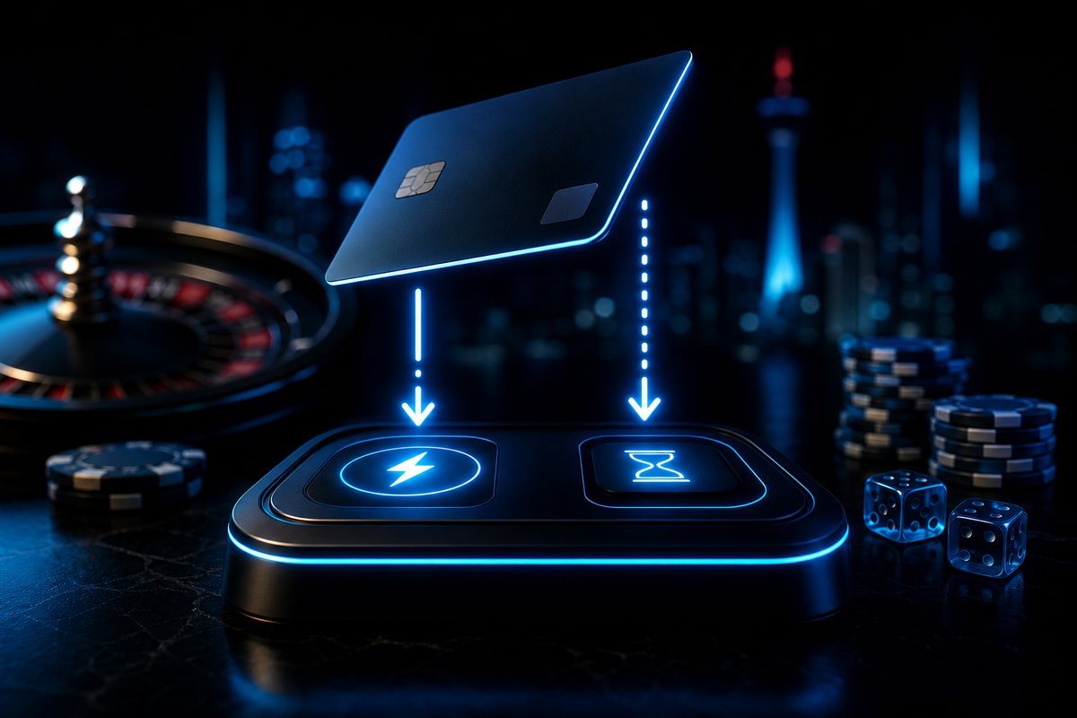 Debit card hovering over a glowing casino cashier terminal with instant and delayed arrows