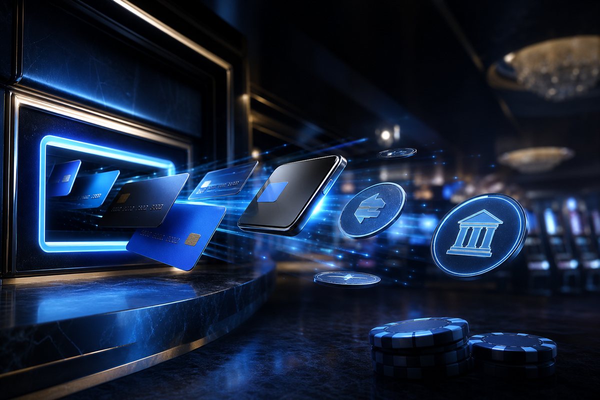 Payment cards, phone wallet and bank transfer icons flowing through a glowing casino cashier board
