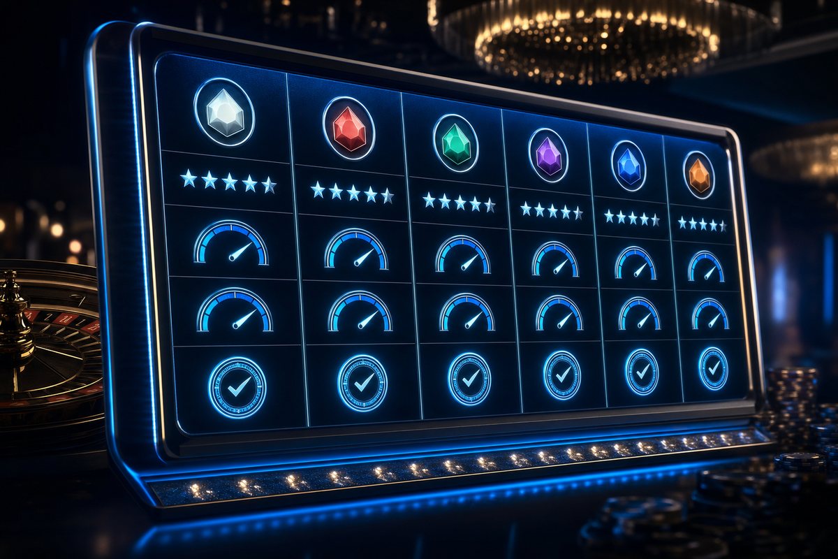Illuminated data board displaying internet casino ratings with payout and licence columns