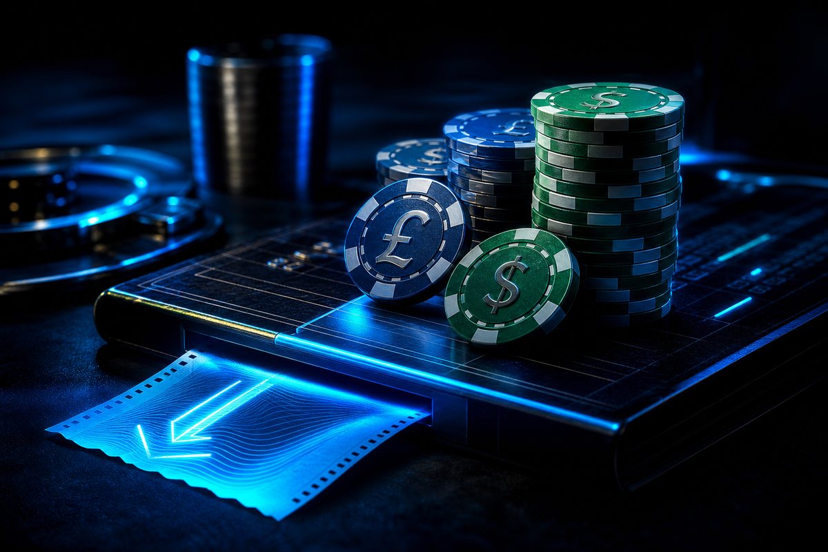 Stacked dollar and pound chips beside a glowing withdrawal ticket on a dark casino ledger