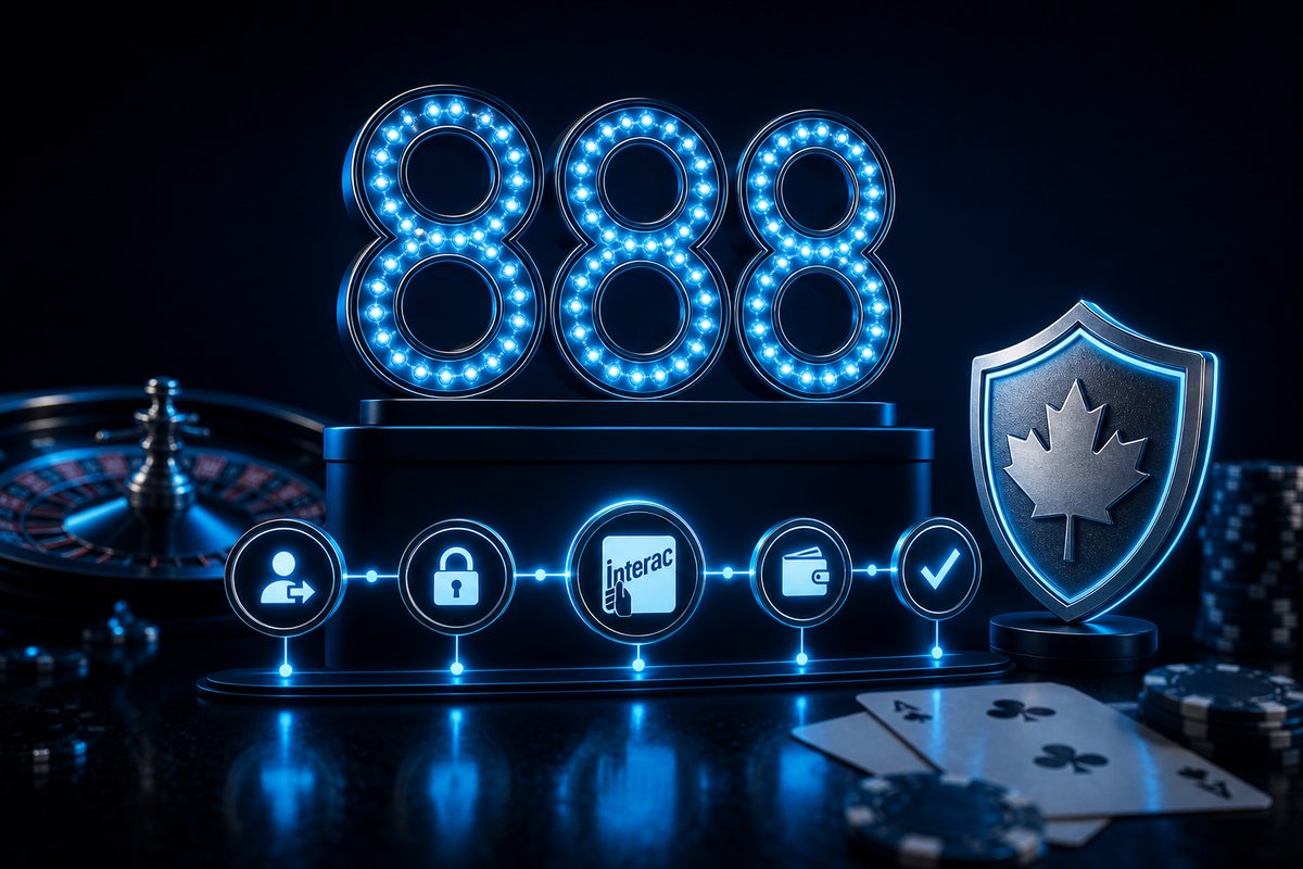 888 Casino review artwork of a triple-eight marquee above an Interac payout timeline and Ontario registration seal