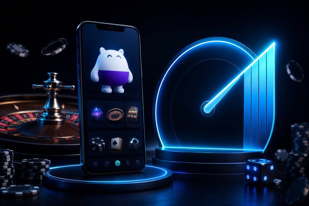 Casumo review illustration of a minimalist mobile casino app beside a rising 9.4 score meter