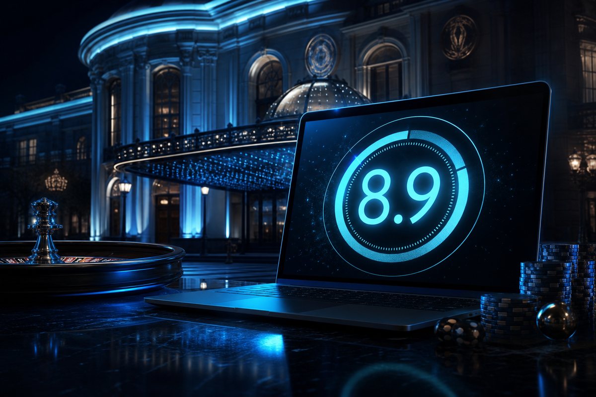 Grosvenor review composition of a classic British casino facade reflected in a laptop showing an 8.9 score