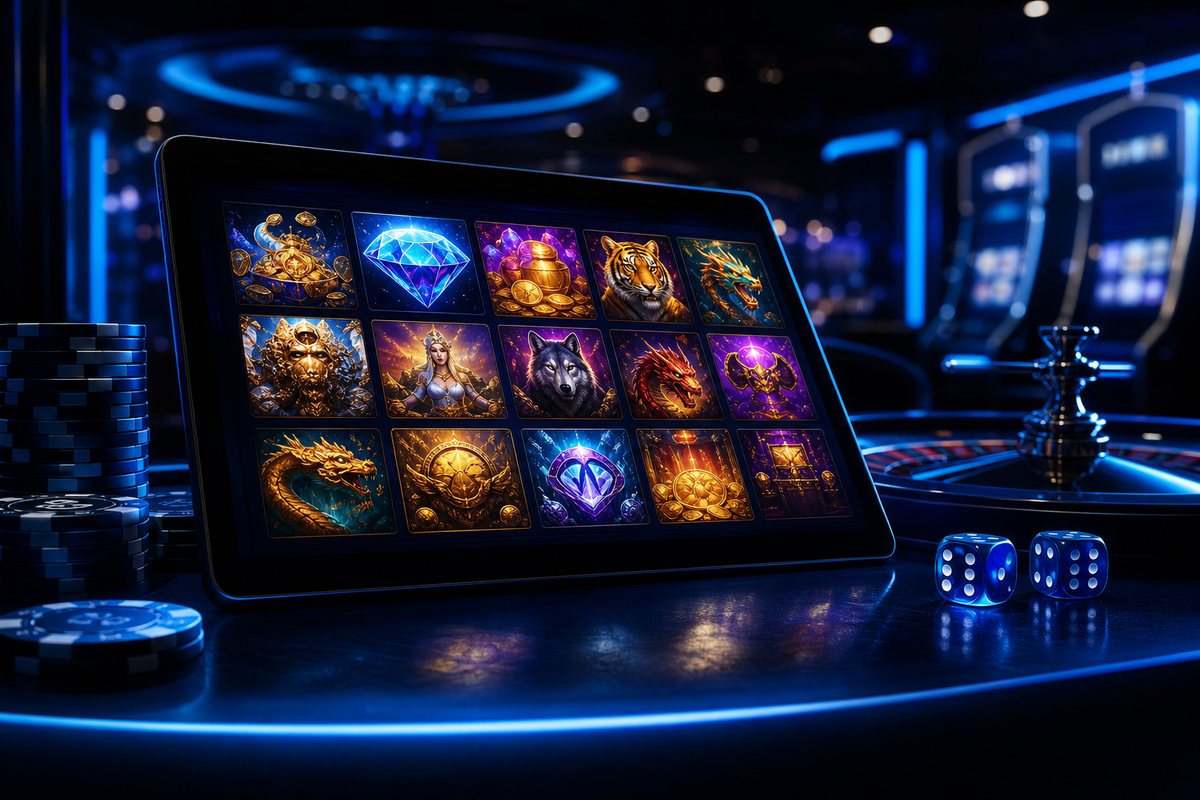 High 5 Casino review session with proprietary High 5 slot titles displayed across a tablet lobby screen