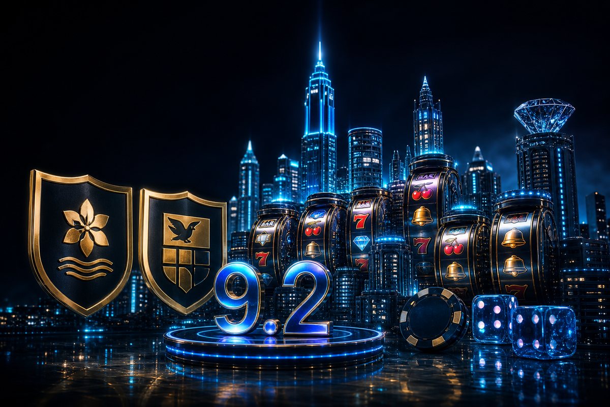 JackpotCity review montage of a neon city skyline built from slot reels beside dual licence plaques and a 9.2 score