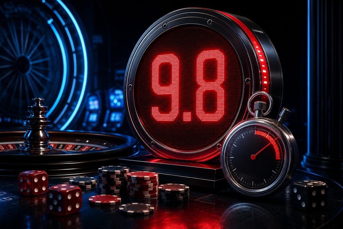 Ladbrokes casino review scene with a red-accented scoreboard showing a 9.8 rating above a payout stopwatch