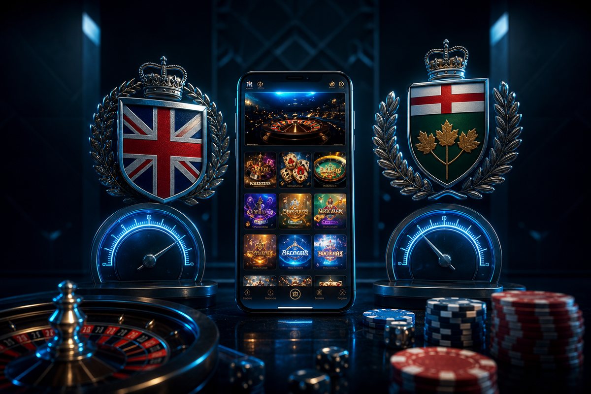LeoVegas review visual of a smartphone casino lobby flanked by UK and Ontario licence emblems and twin score dials