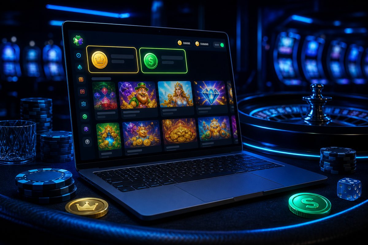 McLuck social casino lobby open on a laptop with Gold Coin and Sweeps Coin balances highlighted during review testing