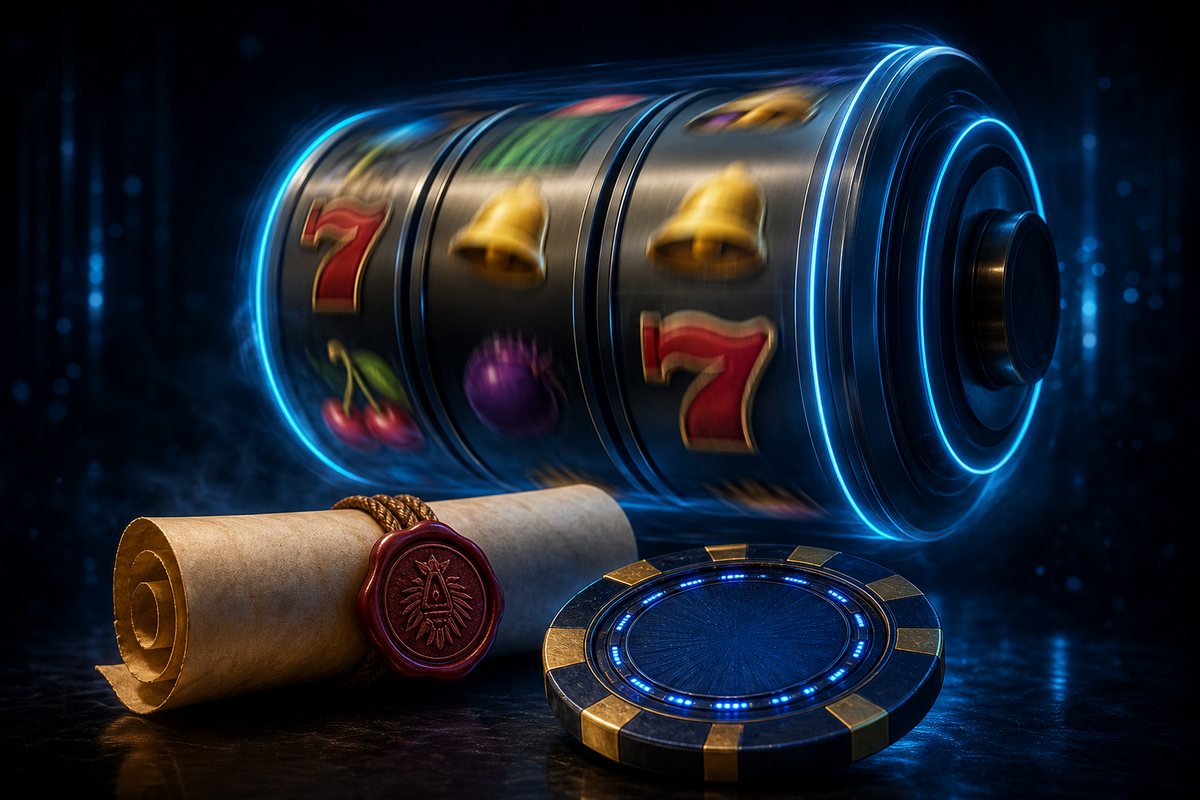 Spin Casino review illustration of a single oversized slot reel spinning above a Kahnawake licence scroll and 8.9 rating chip