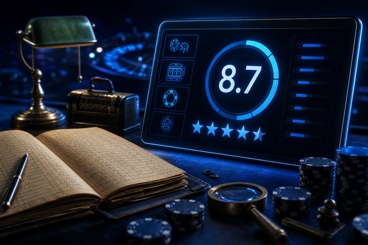 William Hill review scene pairing a vintage betting shop ledger with a modern casino screen scoring 8.7