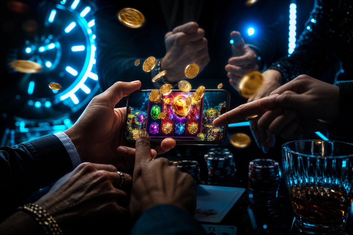 Friends gathered around a phone playing colorful social casino slot games with floating coin animations
