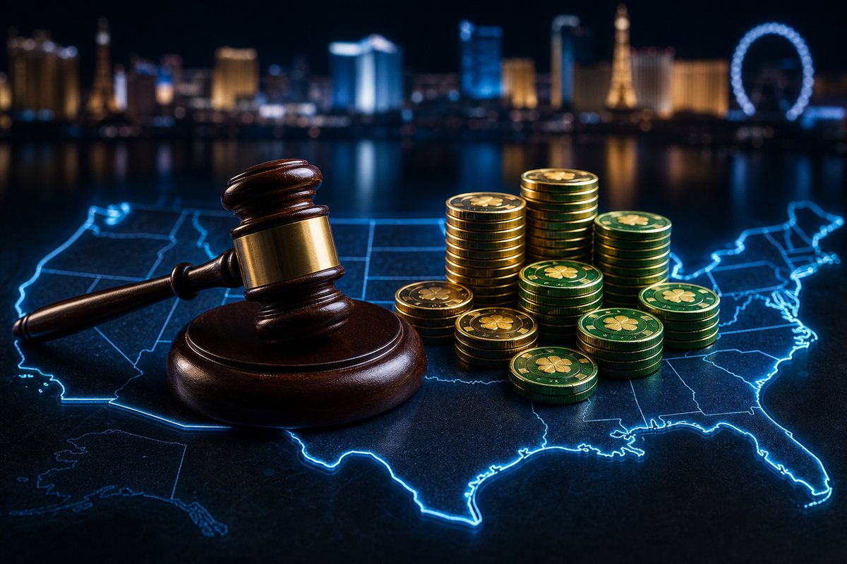 Wooden gavel resting beside stacks of gold and green sweepstakes coins on an outlined map of the United States